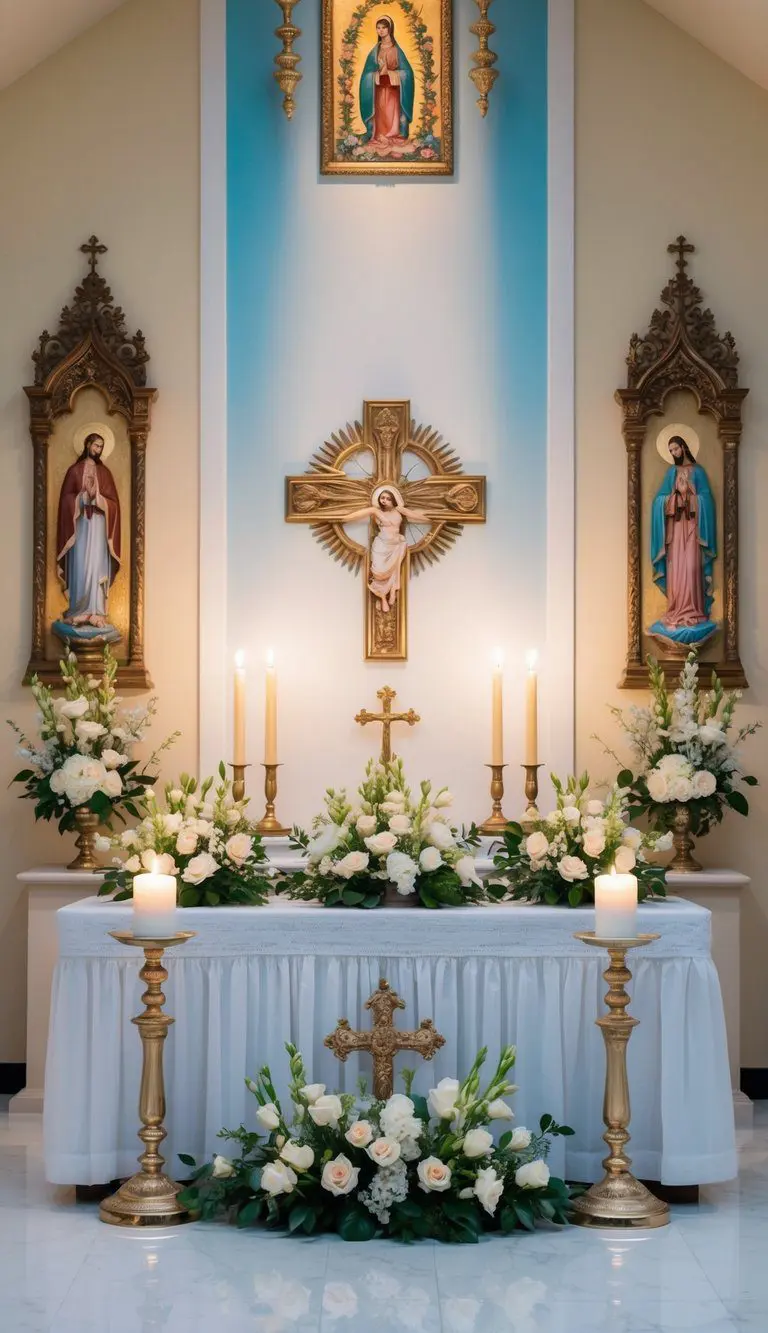 A serene altar space with soft candlelight, fresh flowers, and tranquil colors, surrounded by ornate religious symbols and peaceful artwork