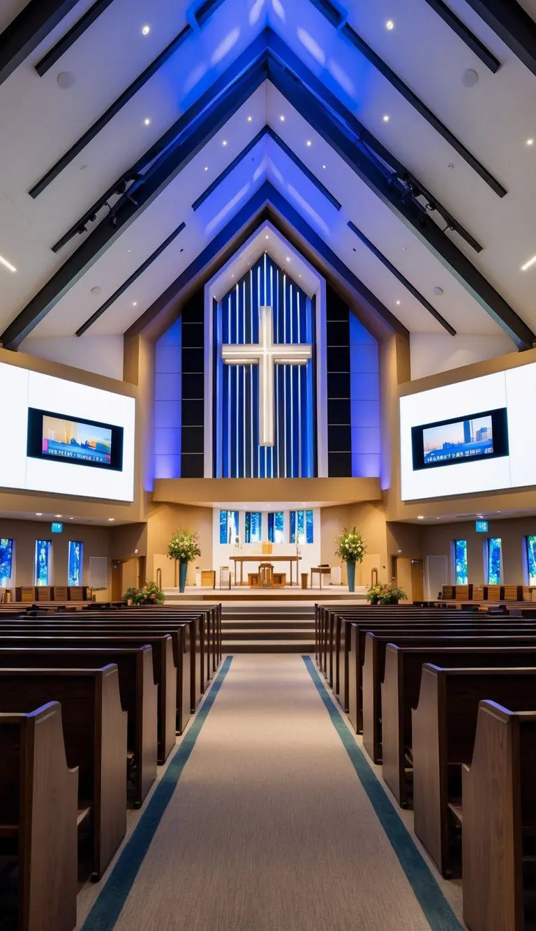 A modern church interior with integrated technology, such as LED lighting, digital screens, and sound systems, creating a contemporary and immersive worship experience