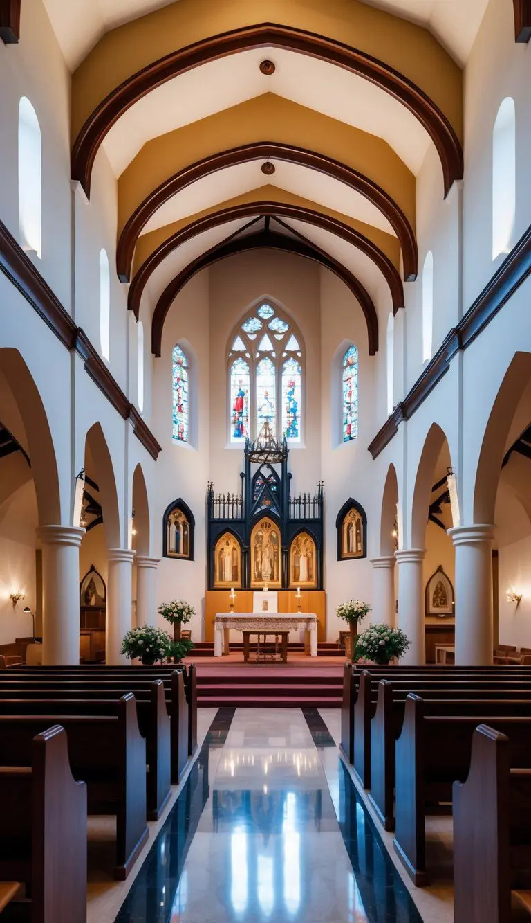A church interior with traditional architectural elements complemented by modern furnishings and lighting