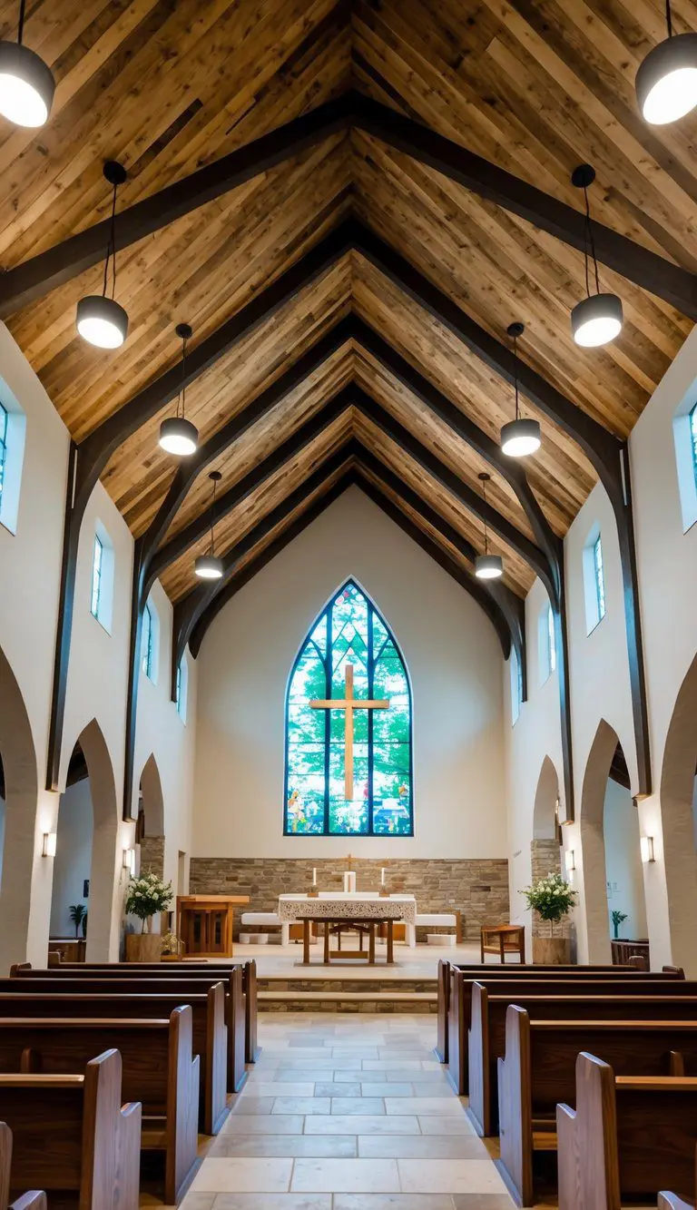 A church interior with sustainable materials like reclaimed wood, natural stone, and eco-friendly fabrics. Large windows allow natural light to fill the space