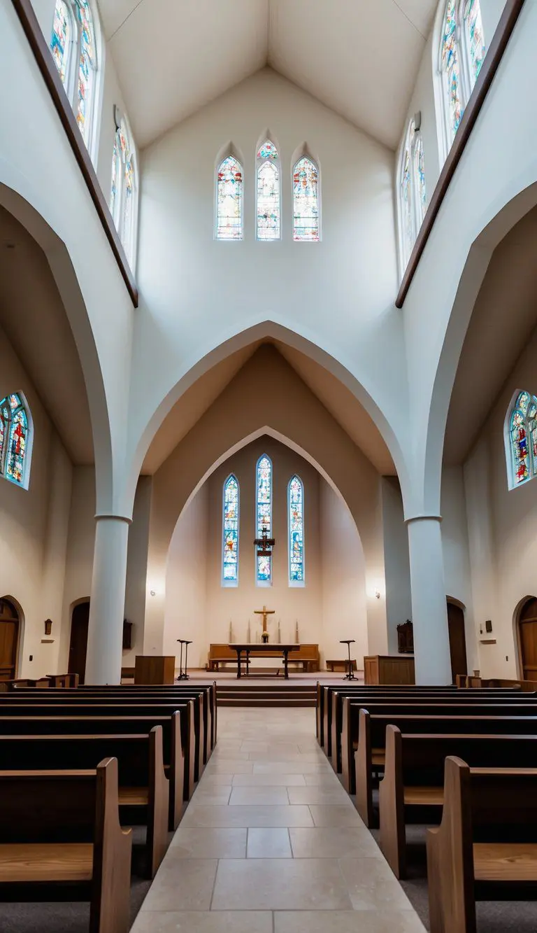 A spacious church interior with high ceilings, wooden pews, stained glass windows, and minimalistic acoustic design features