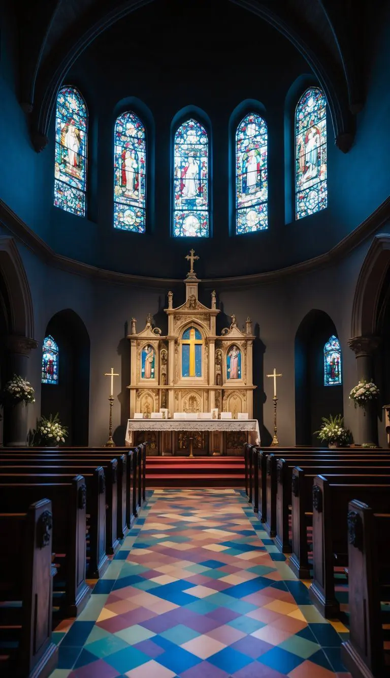 A dimly lit church interior with stained glass windows casting colorful patterns on the floor, ornate wooden pews, and a grand altar adorned with religious symbols
