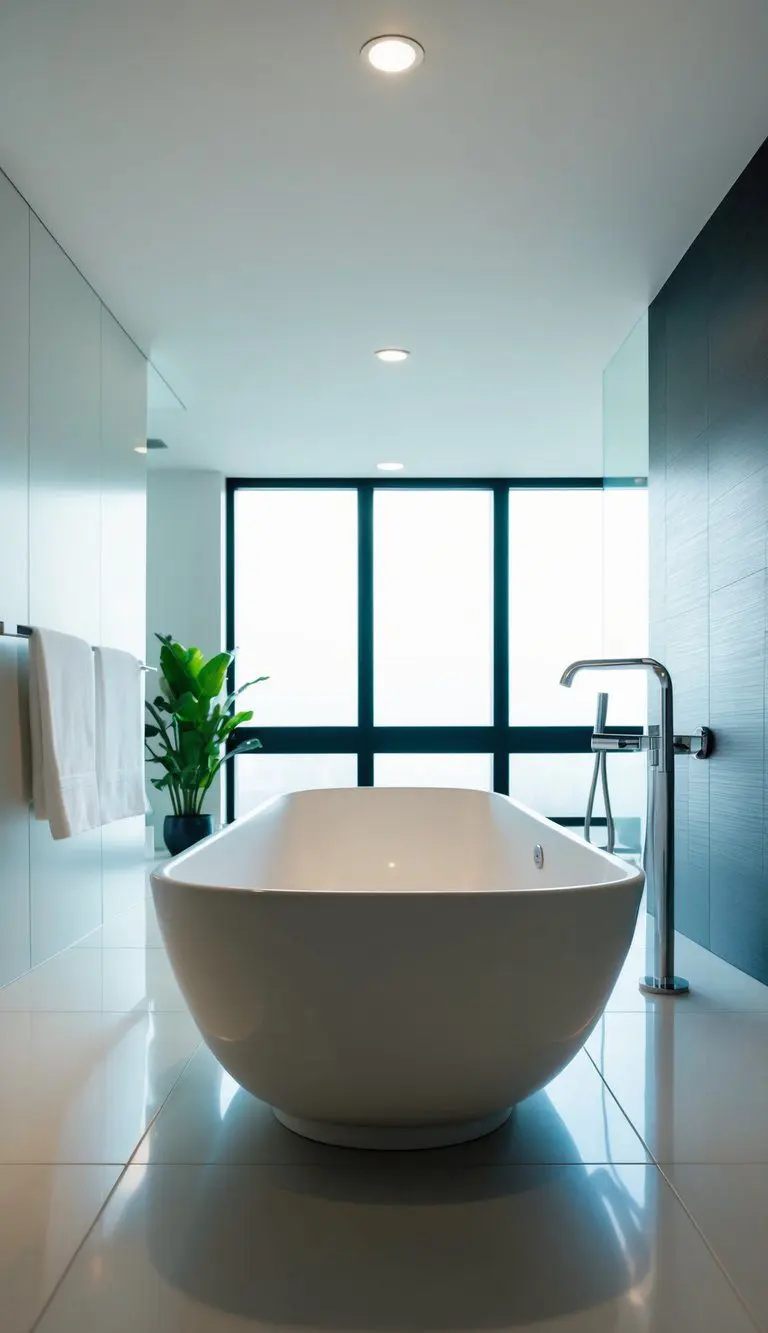 A sleek, modern bathtub sits against a backdrop of clean lines and minimalist decor in a spacious, well-lit bathroom