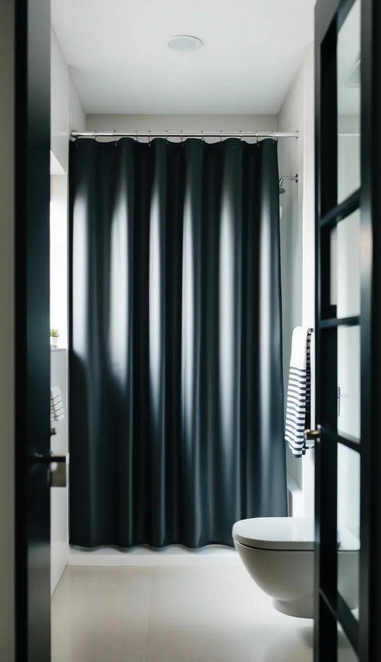 A sleek, black shower curtain hangs in a minimalist bathroom with clean lines and simple decor