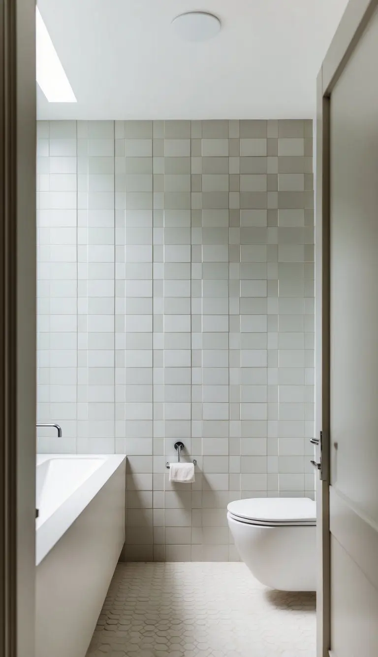 A serene bathroom with clean, modern tiles in a simple geometric pattern. Minimalist fixtures and a neutral color palette create a calming atmosphere