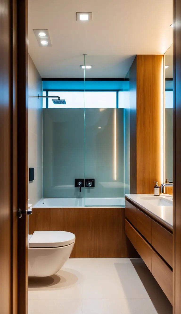 A sleek, modern bathroom with warm wooden accents, clean lines, and minimalist design