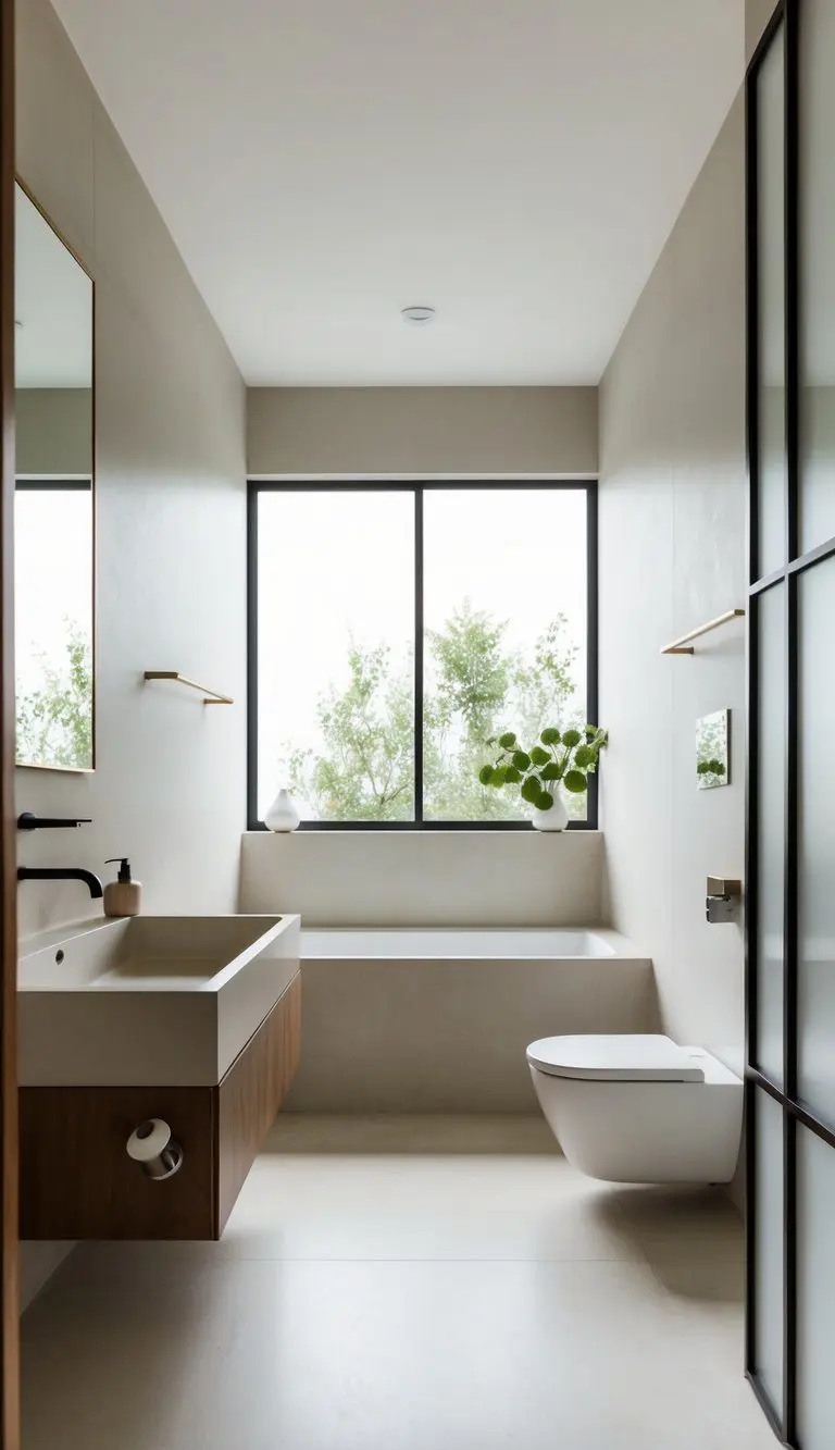 A serene, minimalist bathroom with neutral tones, clean lines, and subtle accents