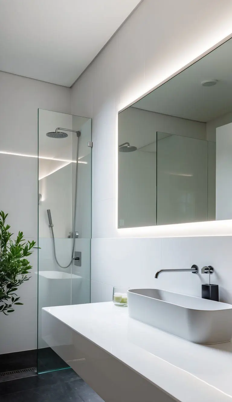 A sleek, modern bathroom with clean lines and minimal decor. White walls, simple fixtures, and a touch of greenery create a serene, minimalist space