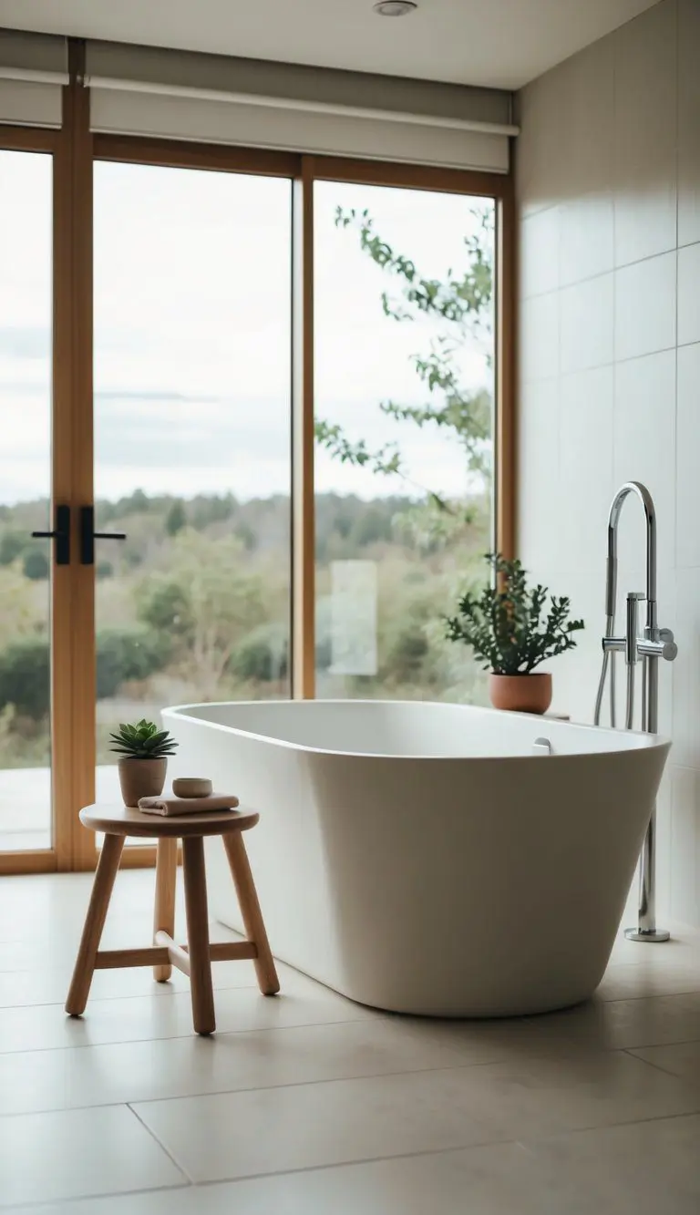 A serene bathroom with a simple wooden stool, a freestanding bathtub, a large window with a view of nature, and a small potted plant