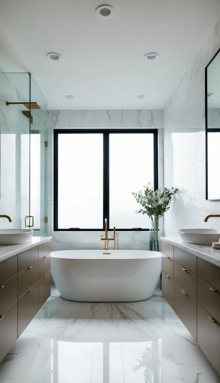 A modern white bathroom with a freestanding tub, double vanity sinks, marble countertops, glass shower, and minimalist decor