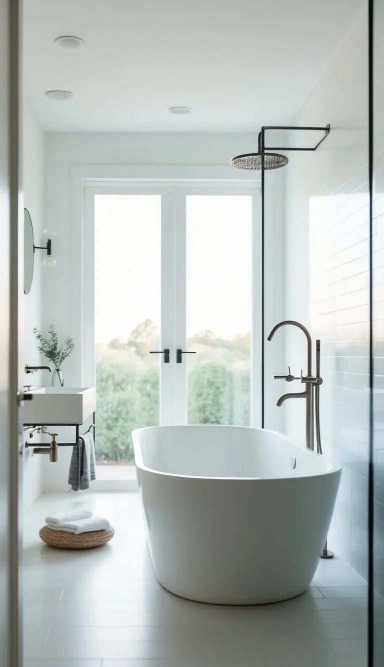 A serene white bathroom with clean lines, minimal decor, and natural light. A freestanding tub, sleek fixtures, and simple accessories exude Scandinavian elegance