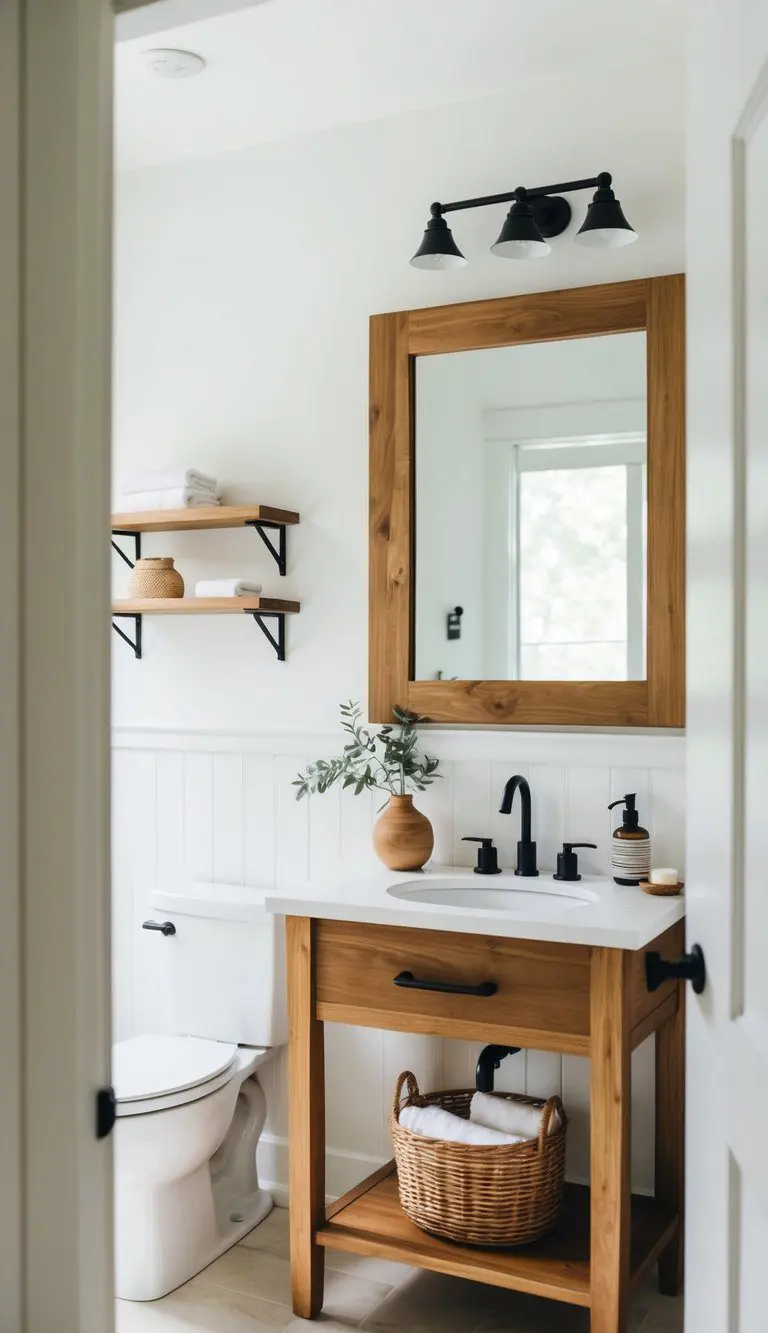 A white bathroom with natural wood accents, including a wooden vanity, mirror frame, and shelving. A warm and inviting atmosphere is created by the combination of white and wood