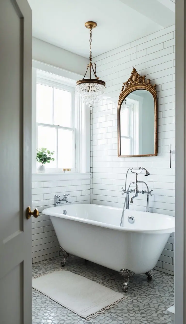 A sleek white bathroom with subway tiles, a clawfoot tub, and a vintage mirror. A classic touch with modern elements
