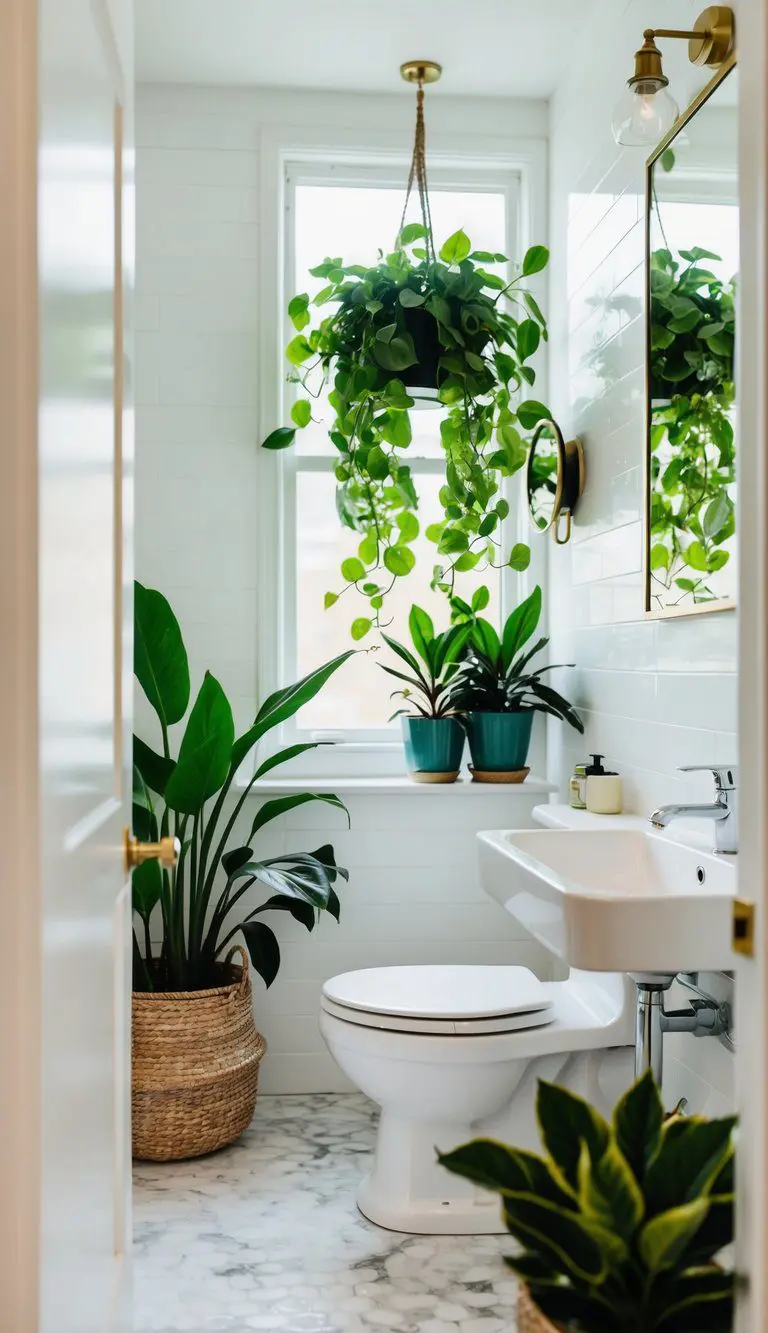 A white bathroom with vibrant green plants placed strategically to add energy and life to the space