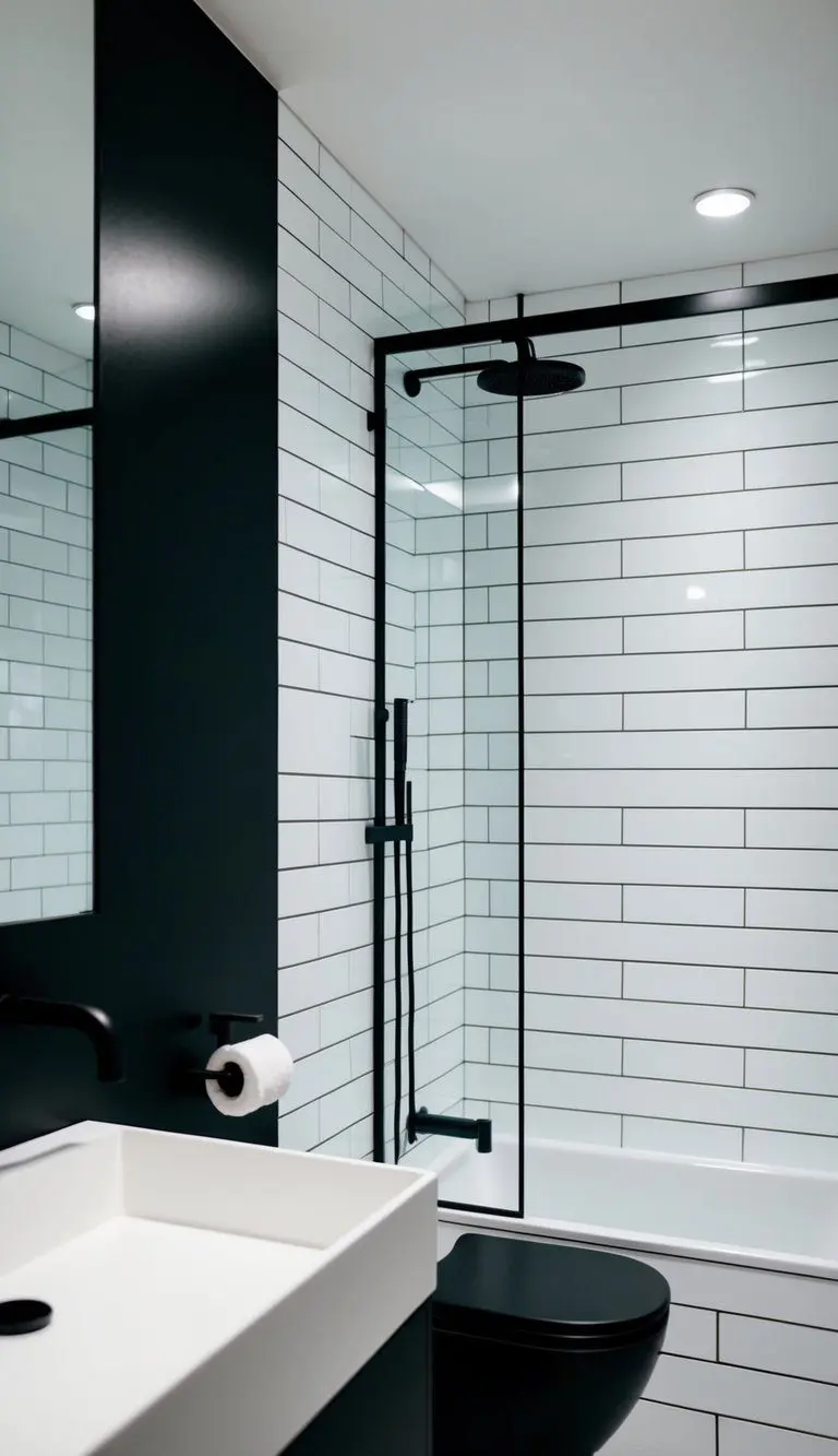 A sleek, modern bathroom with matte black fixtures against a backdrop of crisp white tiles and clean lines