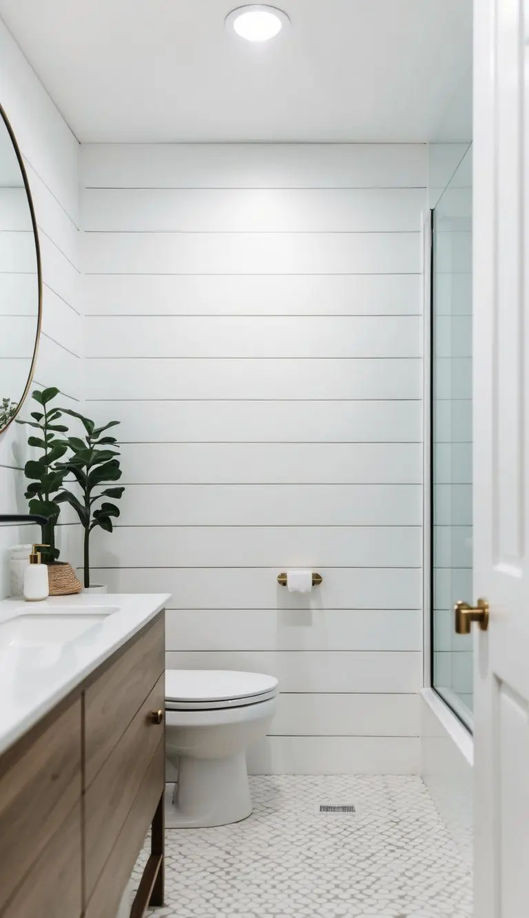 A white shiplap feature wall in a bright, modern bathroom with clean lines and minimalistic decor