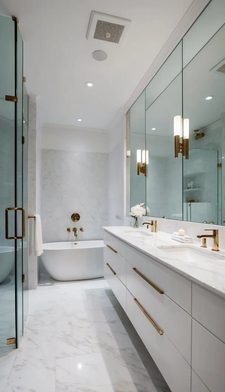 A pristine white bathroom with sleek marble countertops exudes luxury and elegance