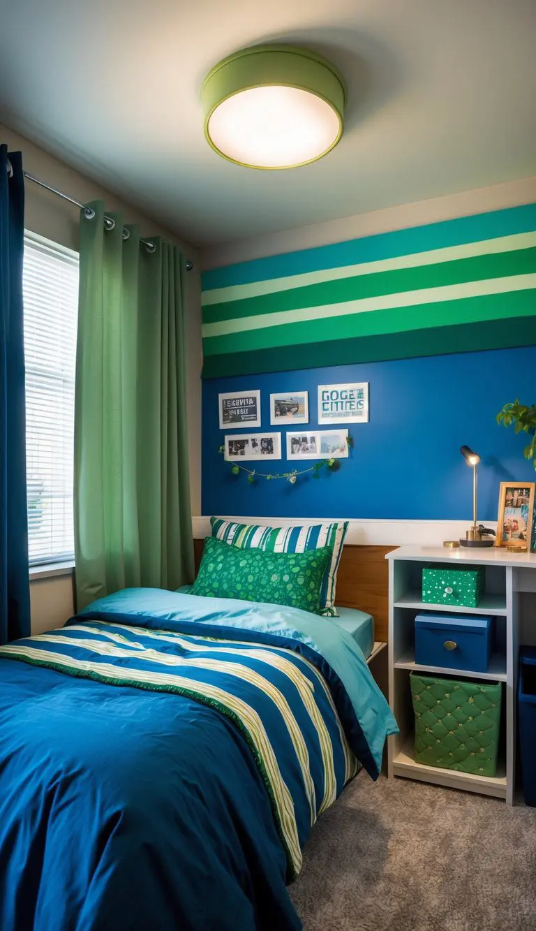 A cozy dorm room with matching color scheme in shades of blue and green. Coordinated bedding, curtains, and decorative accents create a cohesive and calming atmosphere