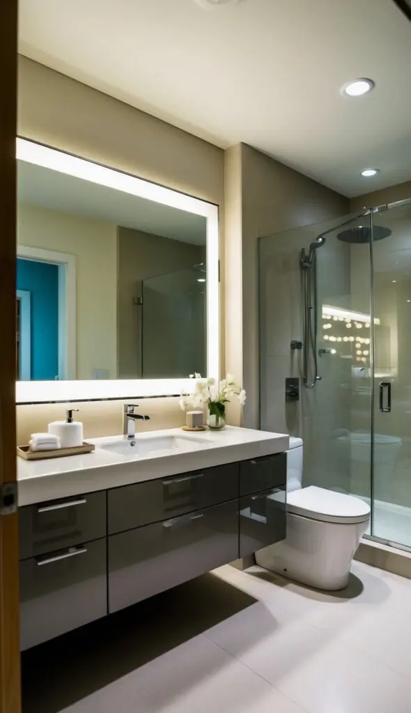 A modern guest bathroom with a sleek vanity, large mirror, and stylish lighting. A glass-enclosed shower and luxurious bath accessories complete the scene