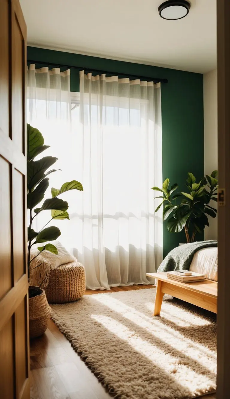 A cozy bedroom with green walls, a plush area rug, leafy plants, and natural wood furniture. Sunlight streams in through sheer curtains, casting a warm glow