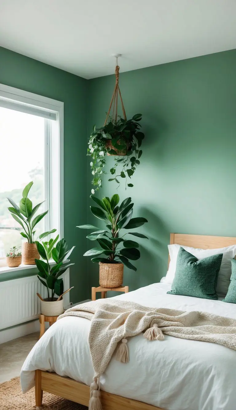 A cozy bedroom with a sage green accent wall, adorned with leafy plants and natural wood furniture