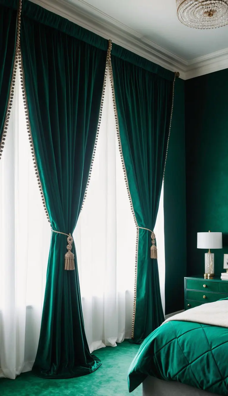 Emerald green velvet curtains drape elegantly in a luxurious green bedroom