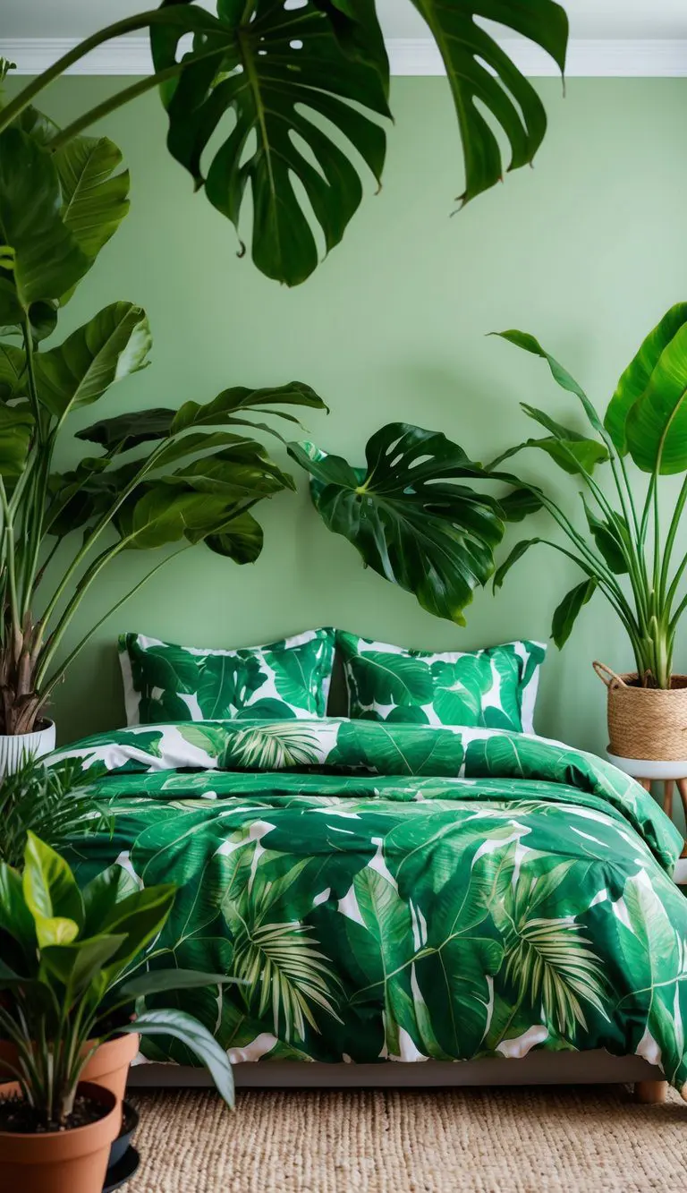 Lush tropical leaves cover a bed with green botanical print bedding, surrounded by potted plants in a serene green bedroom