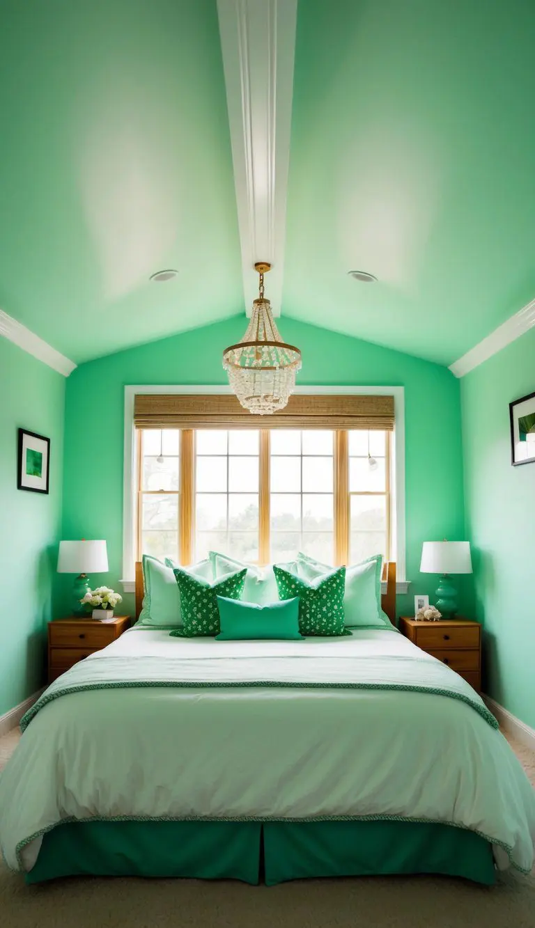 A cozy bedroom with mint green ceiling, soft lighting, and green accents throughout
