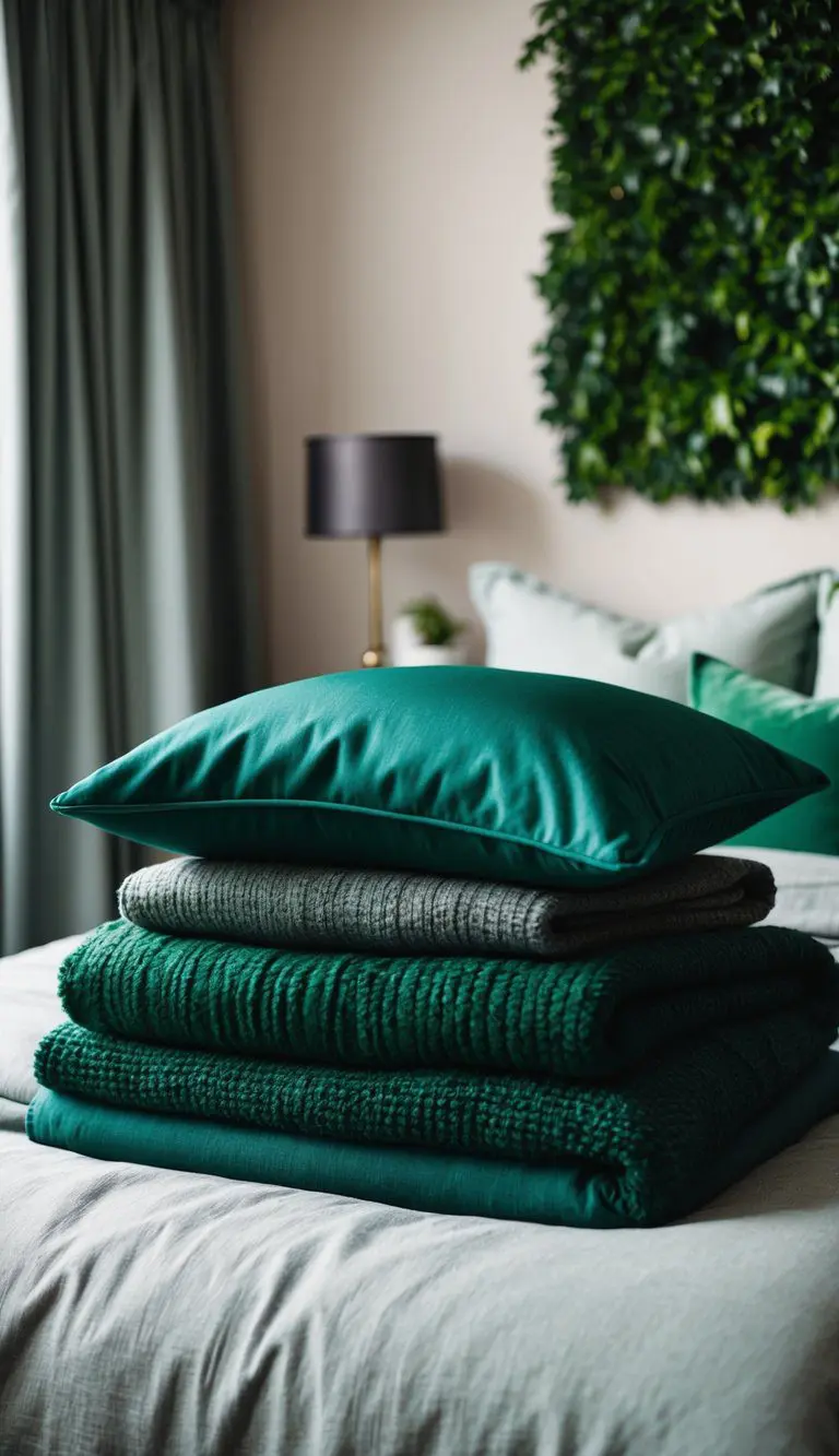 Lush green textiles layered in a cozy bedroom, with varying shades and textures creating depth and visual interest
