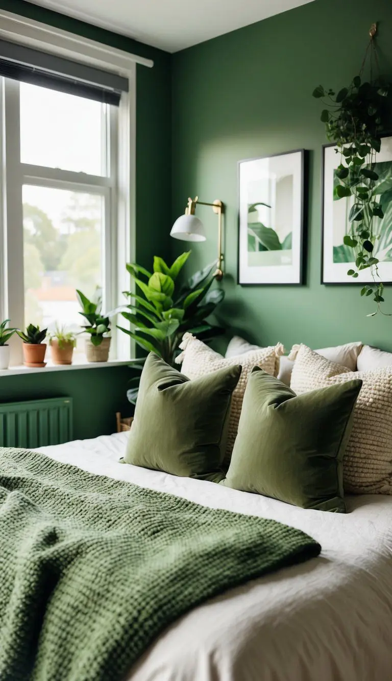 A cozy bedroom with olive green throw pillows on a bed, surrounded by green walls, plants, and natural light