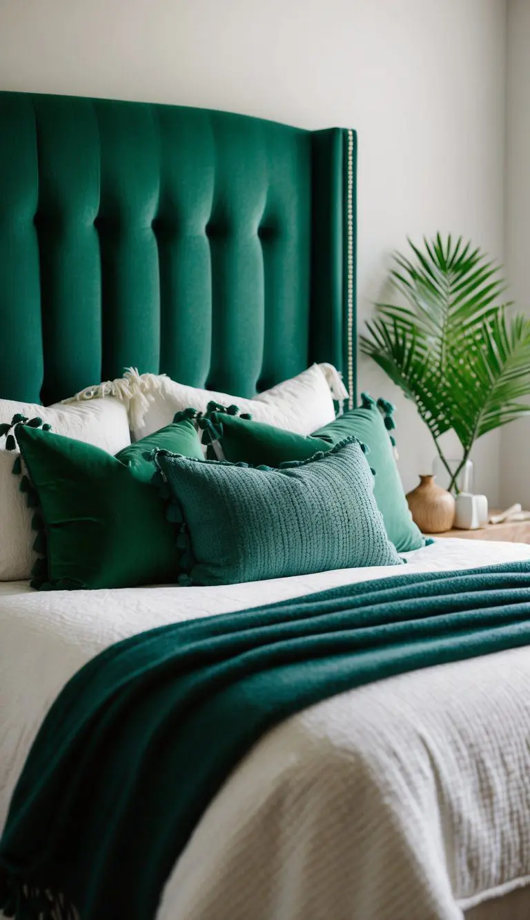 A cozy bedroom with a forest green upholstered headboard, complemented by green accents and natural elements, creating a serene and calming atmosphere