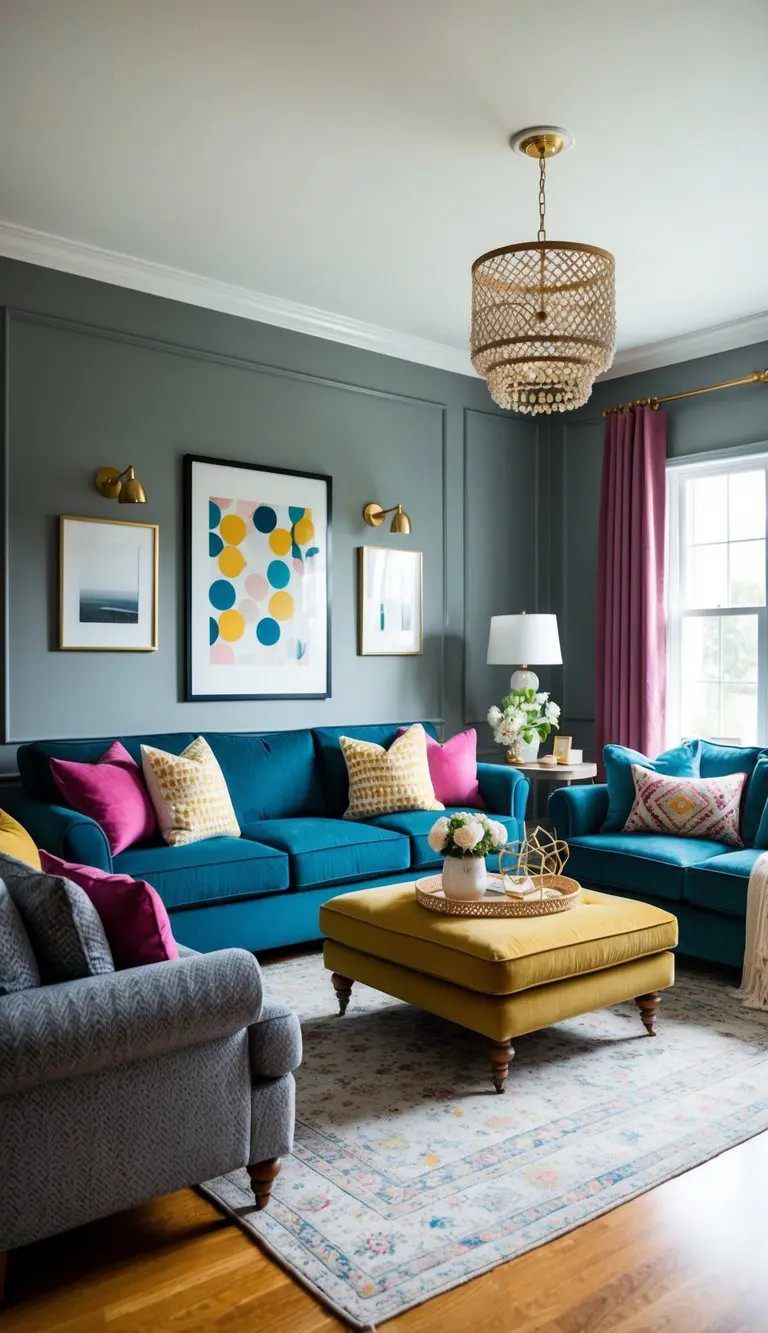 A cozy living room with classic gray walls, adorned with stylish furniture and pops of color in the form of throw pillows and decorative accents