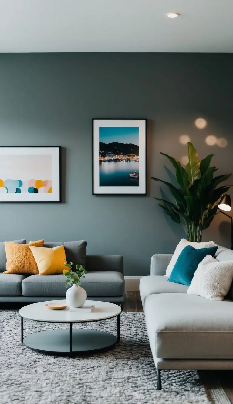 A modern living room with a sleek gray accent wall, minimalist furniture, and pops of color in the decor