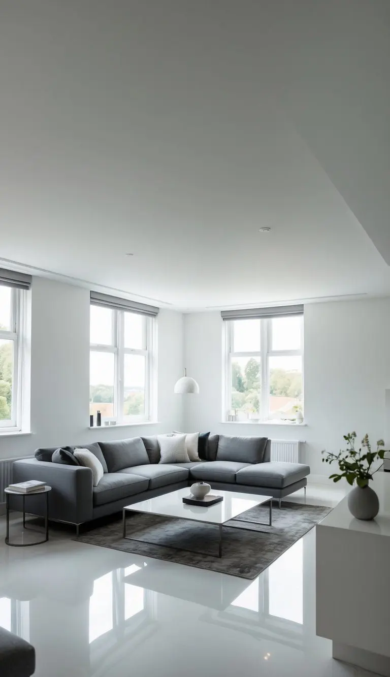 A spacious living room with sleek gray furniture, white walls, and minimal decor. Large windows let in natural light, creating a serene and modern atmosphere