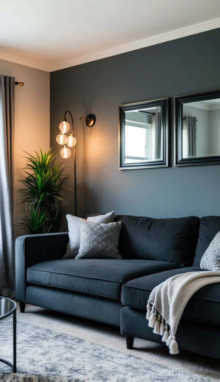 A cozy living room with dark charcoal gray furniture, accented by soft gray decor and a warm, inviting atmosphere