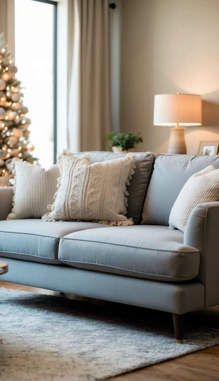 A soft gray couch with throw pillows sits in a cozy living room, surrounded by neutral decor and warm lighting