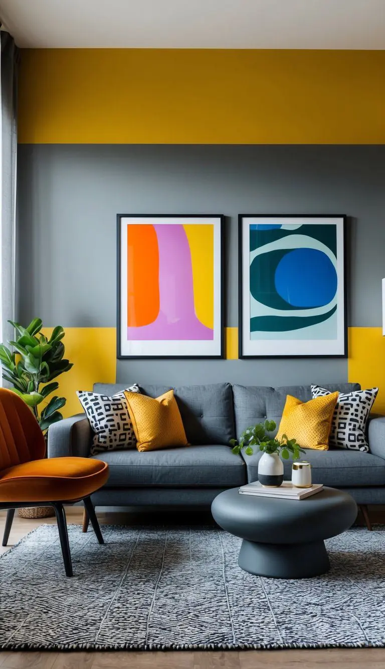 A modern gray living room with bold color accents in furniture, artwork, and decor
