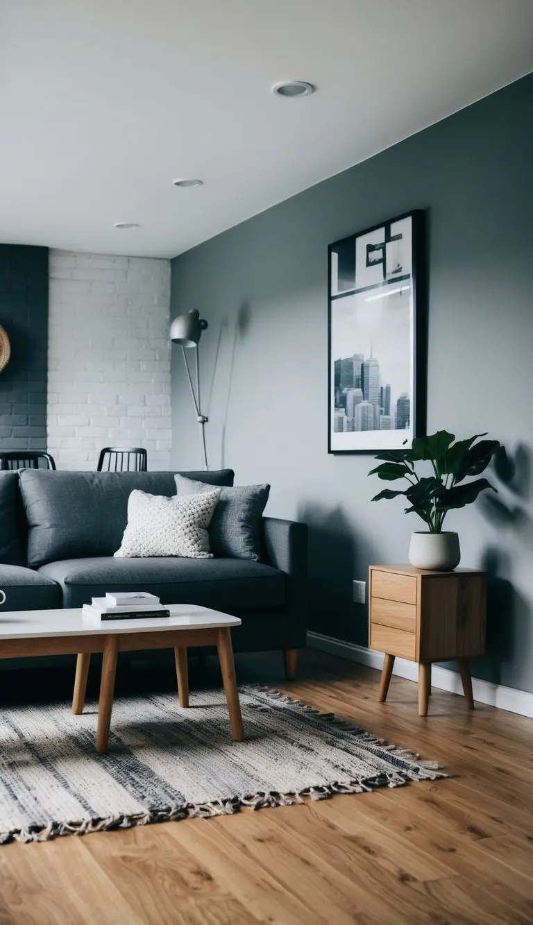 A cozy living room with gray walls, wooden floors, and furniture. A mix of textures and shades of gray create a modern and inviting space
