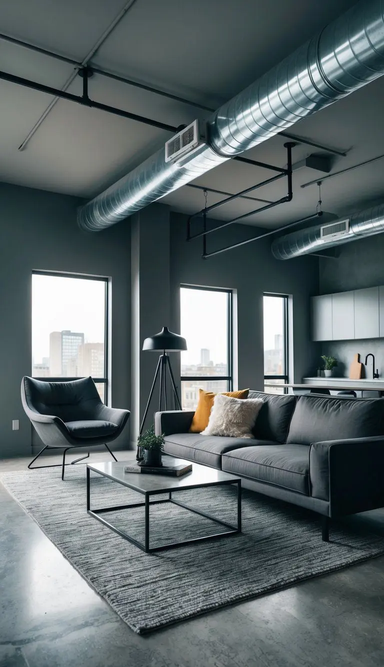 An industrial gray living room with metal elements, featuring sleek furniture, concrete floors, and exposed ductwork