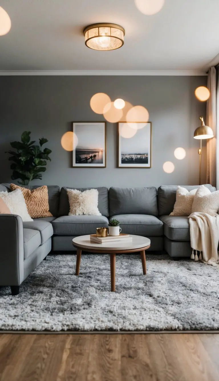 A gray living room with plush textures, warm lighting, and cozy decor