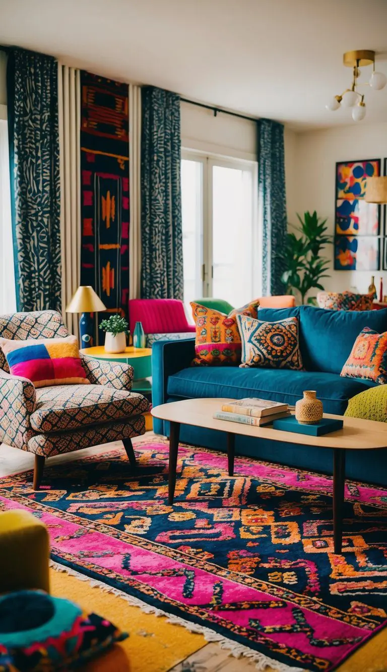 An eclectic living room with bold patterns and textures: a vibrant rug, patterned throw pillows, textured curtains, and a mix of colorful furniture