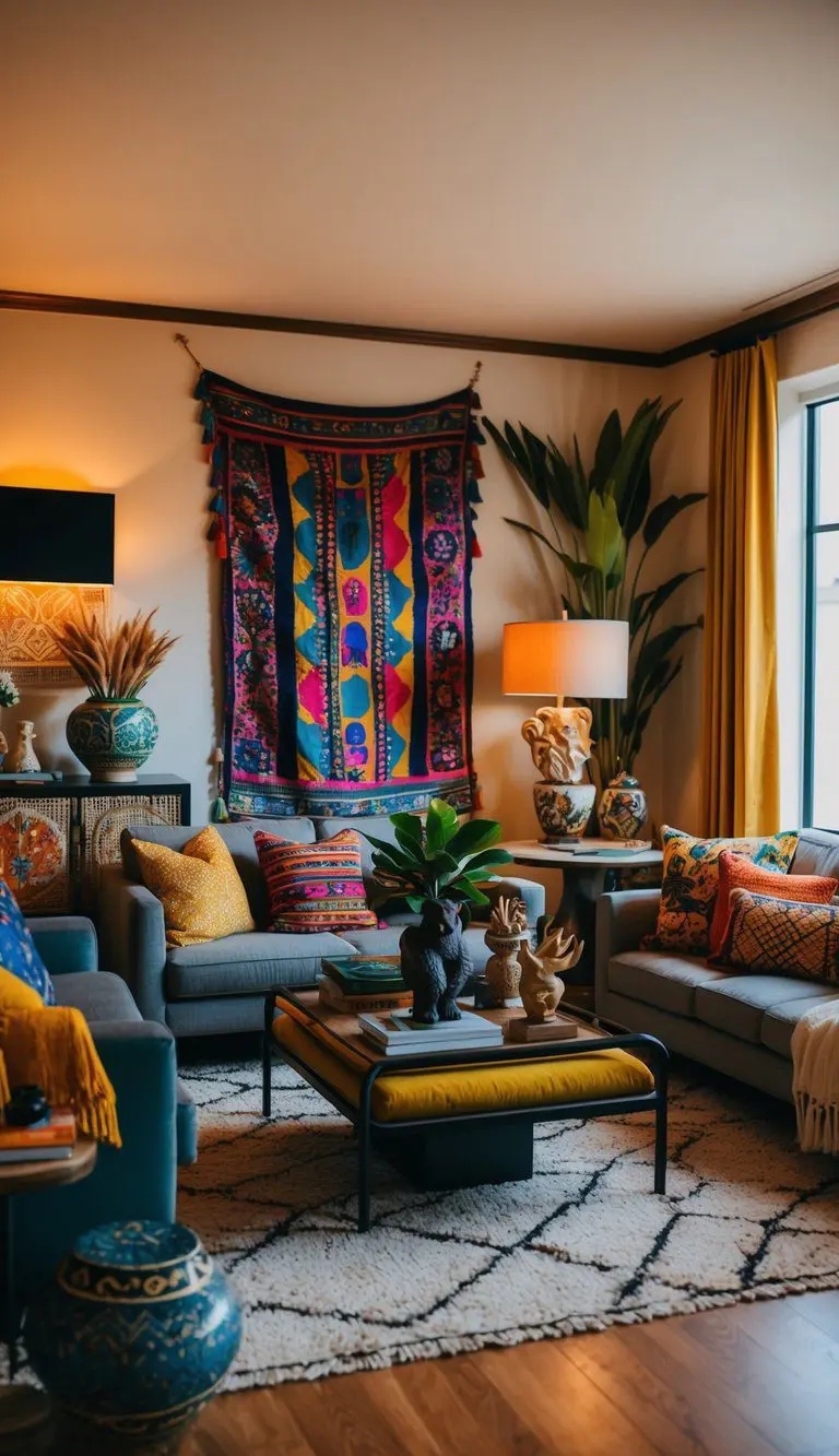 A cozy living room with a mix of global artifacts, including vibrant textiles, unique sculptures, and eclectic decor. Warm lighting and comfortable seating create an inviting atmosphere