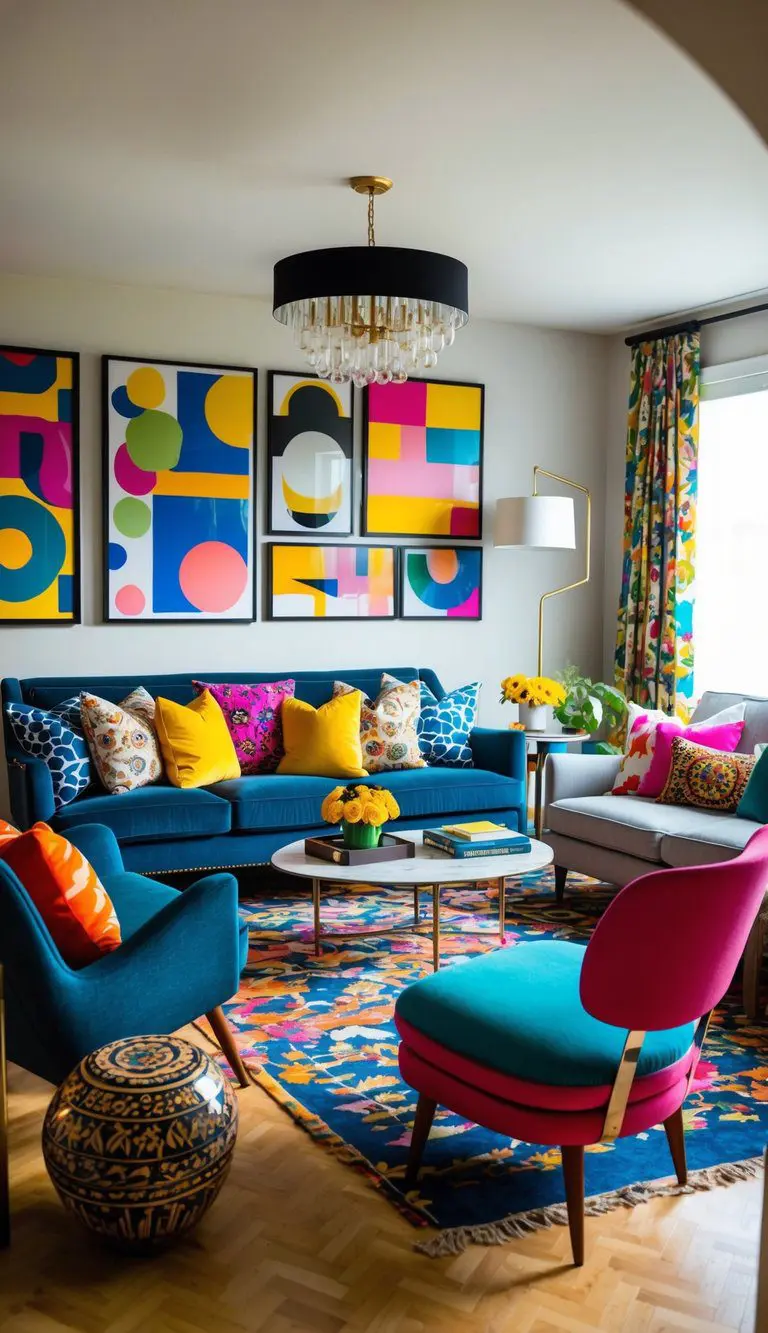 A mix of vintage and modern furniture in an eclectic living room, with bold patterns and vibrant colors, creating a dynamic and inviting space
