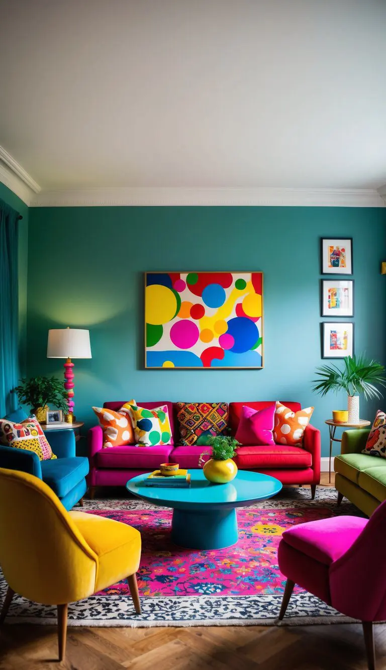 A lively living room with bold, contrasting colors and mix-matched patterns, featuring eclectic furniture and vibrant wall art