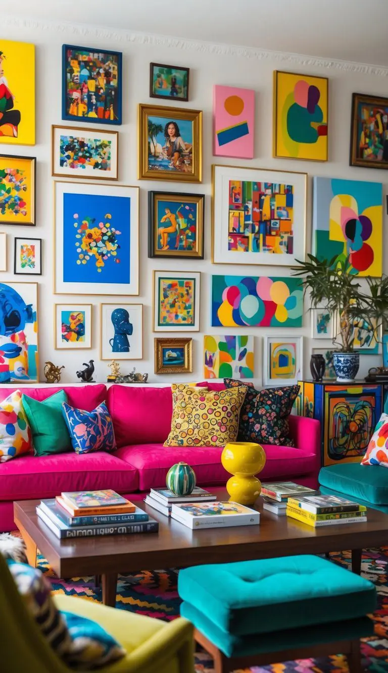 A colorful mix of paintings, prints, and sculptures adorn the walls of a vibrant living room, creating an eclectic and lively atmosphere