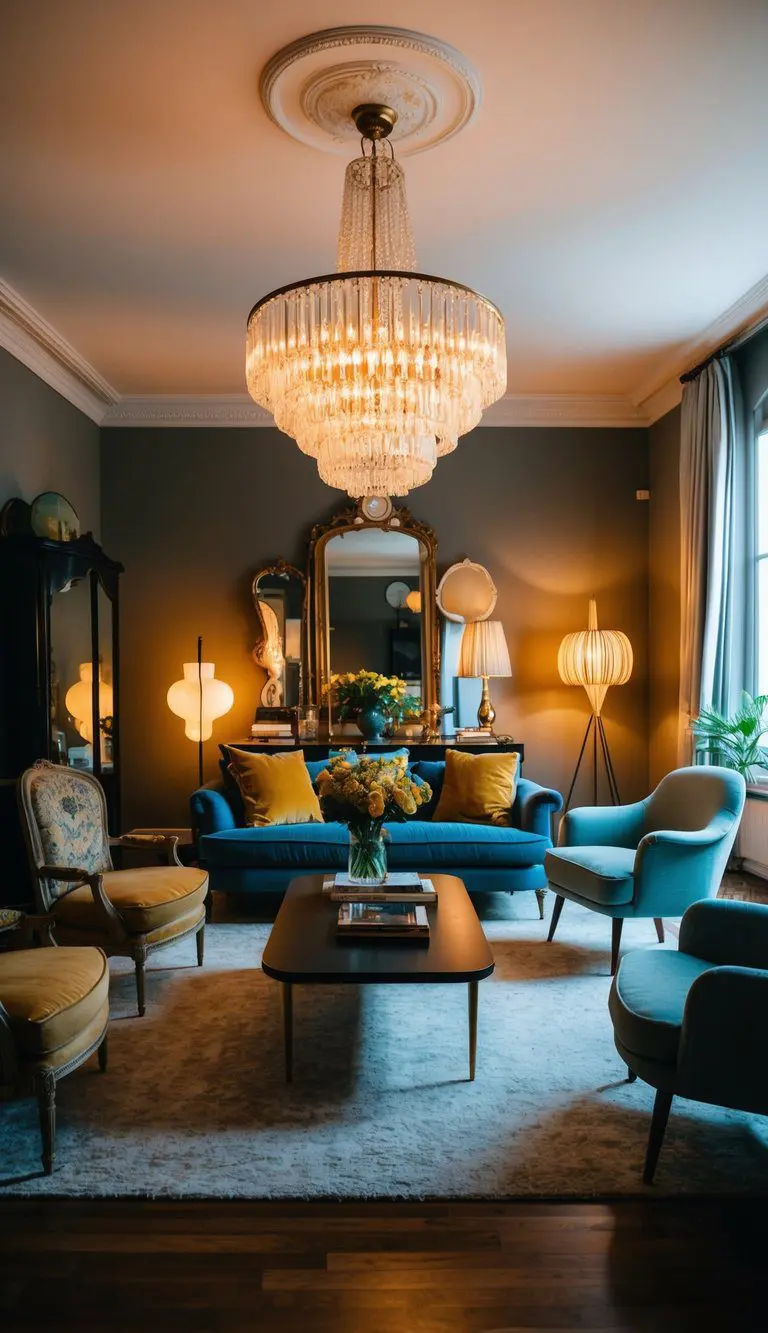 An eclectic living room with a mix of vintage and modern furniture, featuring unique lighting fixtures such as a statement chandelier and floor lamps casting warm, ambient light