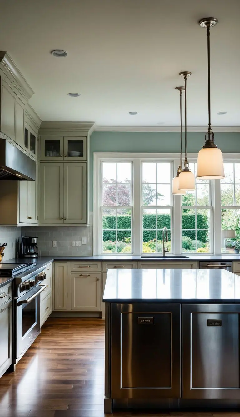 A spacious kitchen with an island, stainless steel appliances, pendant lighting, and a large window overlooking a garden