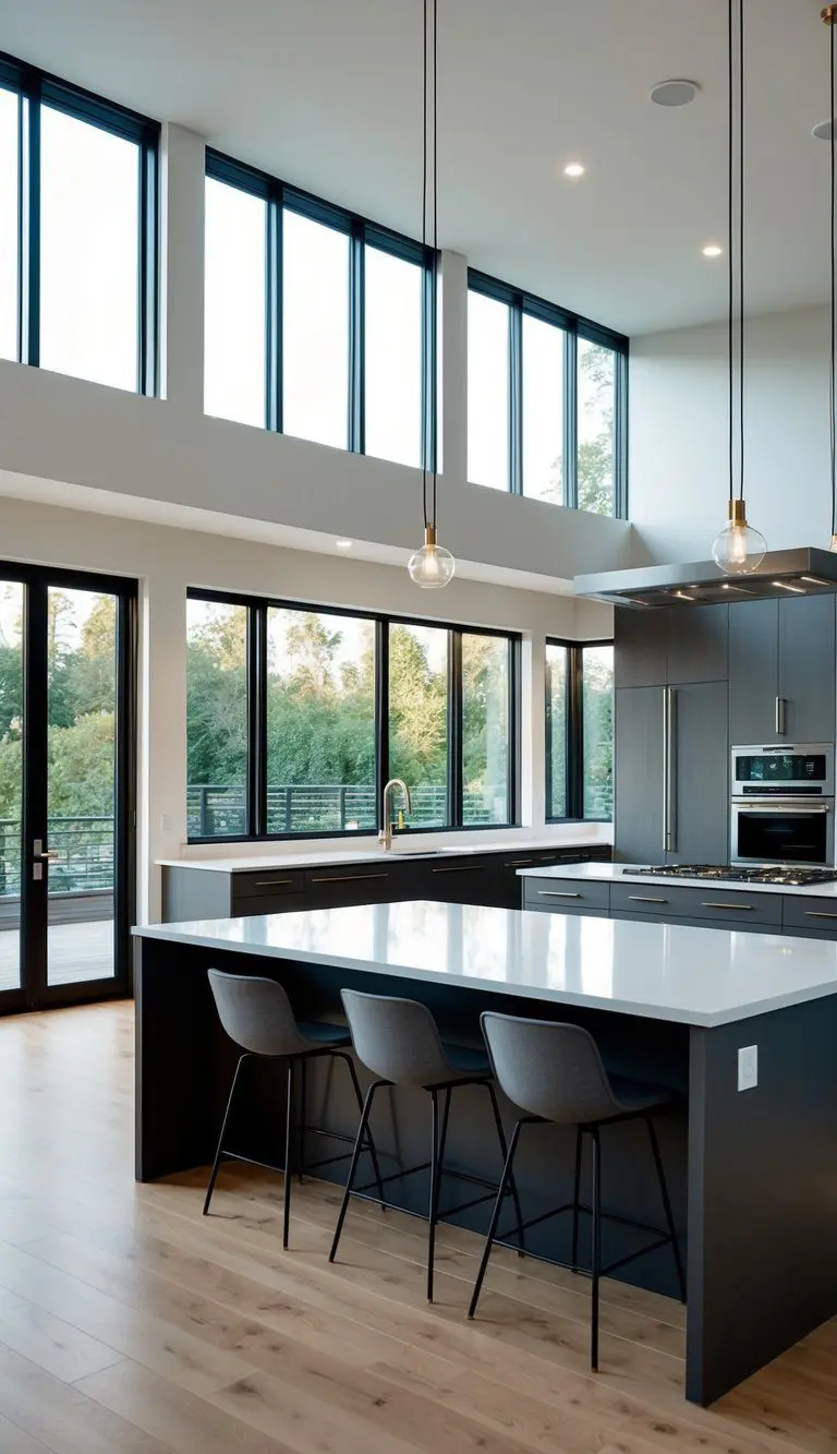 A spacious kitchen with large windows flooding the room with natural light, highlighting the modern design and open layout