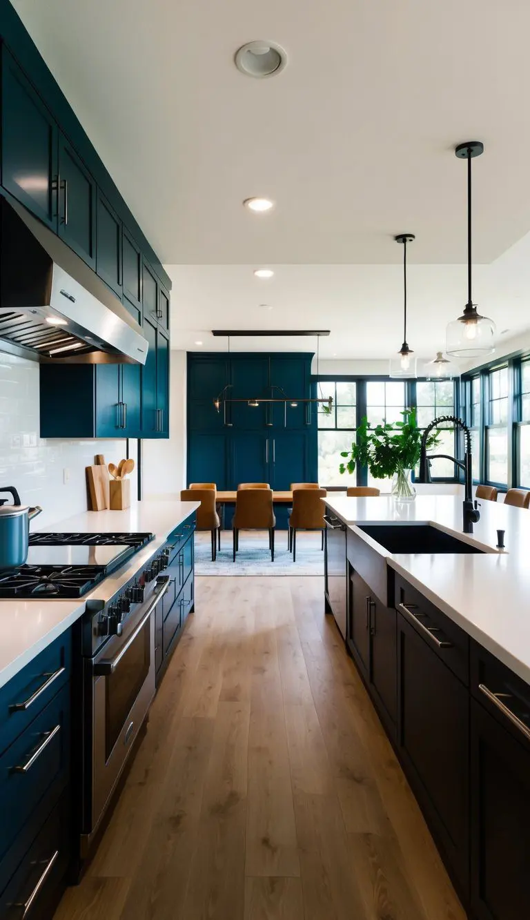 A spacious open kitchen with an L-shaped layout, featuring modern appliances, ample counter space, and natural light streaming in from large windows
