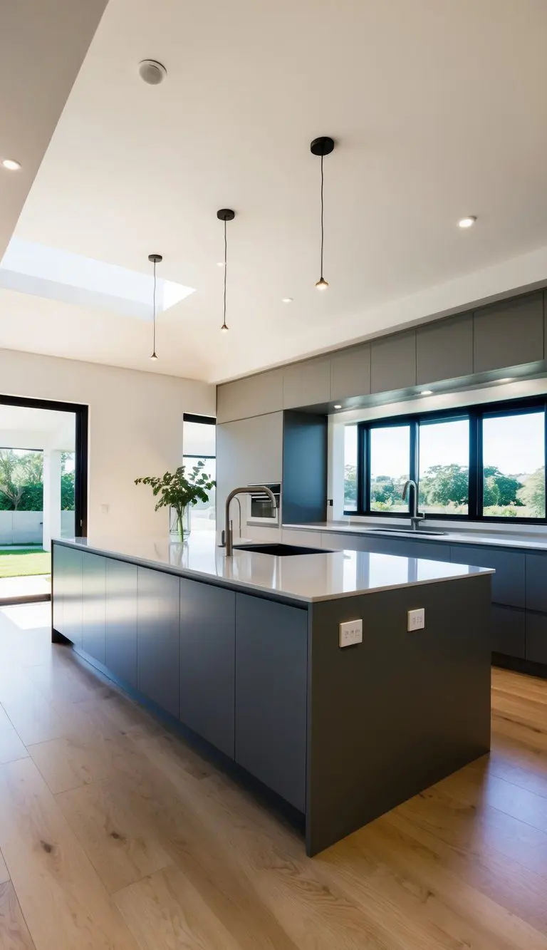 A spacious open kitchen with a sleek, modern island installed for added functionality. Bright, natural light floods the room, highlighting the clean lines and minimalist design